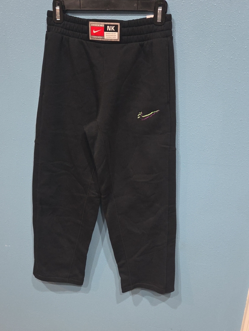 Nike Kids Black Sweatpants with Neon Green & Purple Swoosh